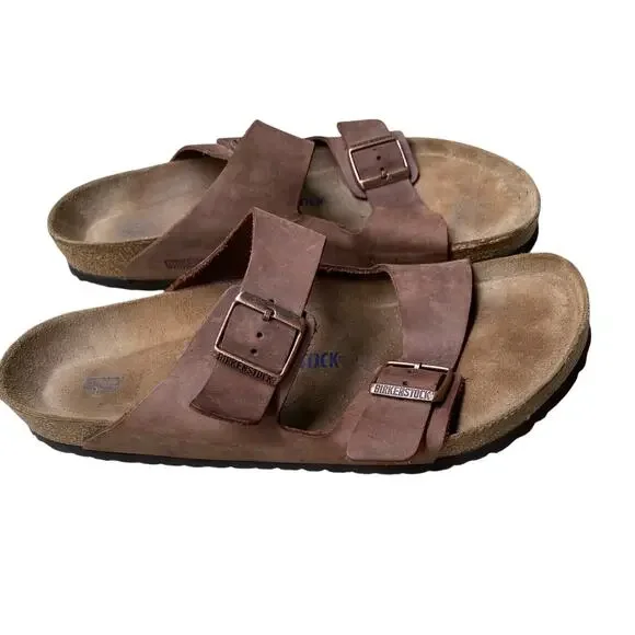 Birkenstock Men's Arizona Sandal EU 46 US 13 Brown Leather Slide Double Strap - Picture 2 of 13
